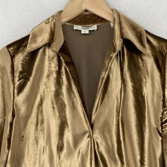 VINCE Top Womens XS Shiny Silk Velvet Shirt Button Front Long Sleeve Gold - Picture 5 of 13